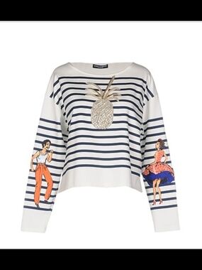 Dolce & Gabbana White and Navy Striped Crop Top with Embellished Gold Pineapple